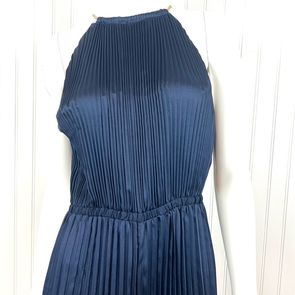 MICHAEL Michael Kors Women's Blue Satin Pleated Wide Leg Halter Jumpsuit Medium - Picture 1 of 13